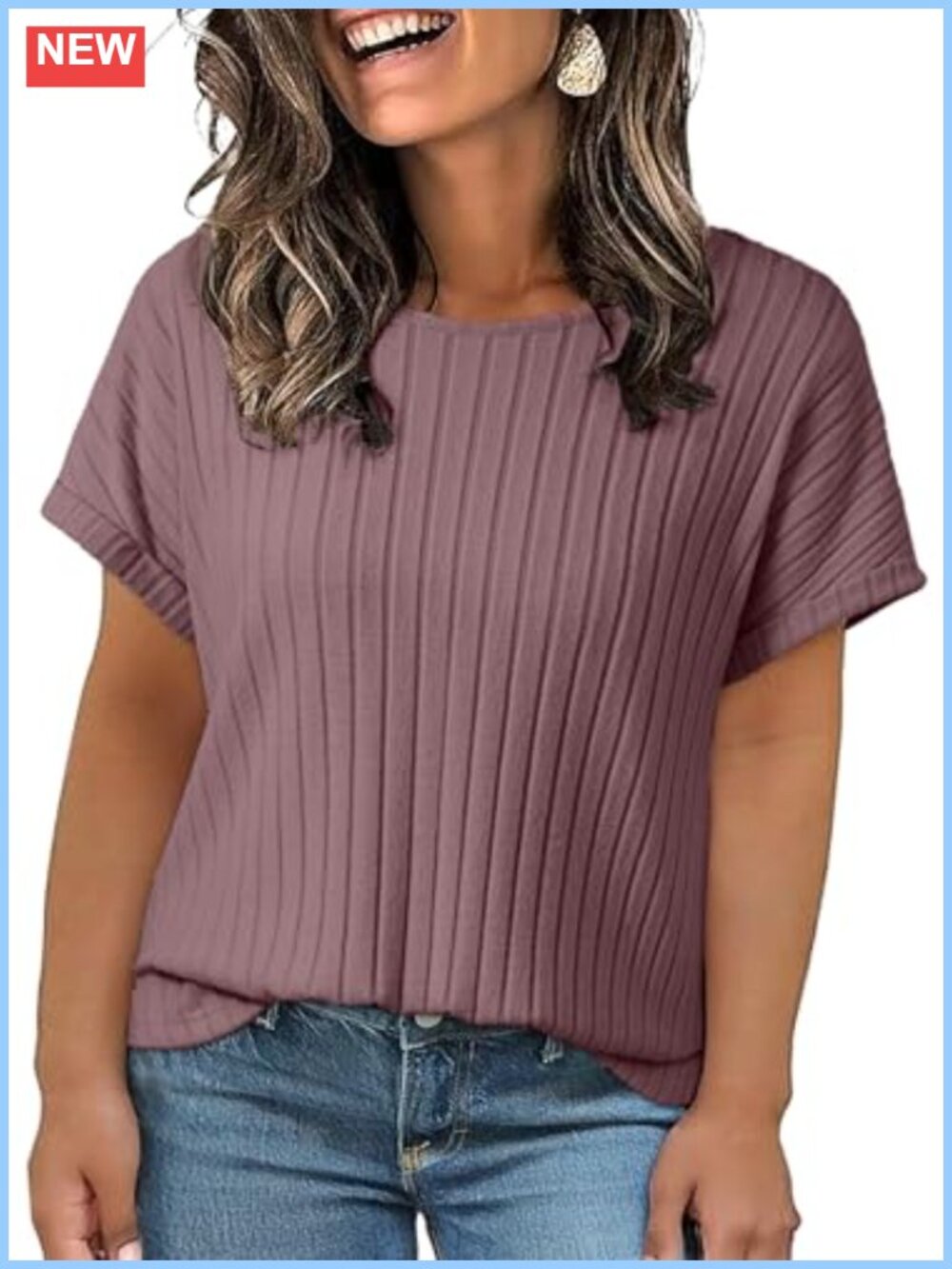Plus Size Ribbed Knit Crewneck Short Sleeve T-Shirt Blouse Tops for Women